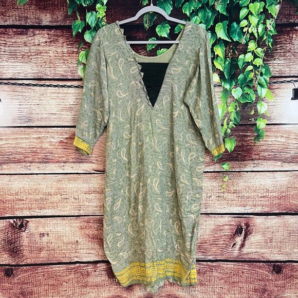 Kurta Midi Tunic Dress XXL 2XL Floral Garden Tear Drop Aztec Tribal Green Yellow - Picture 1 of 5